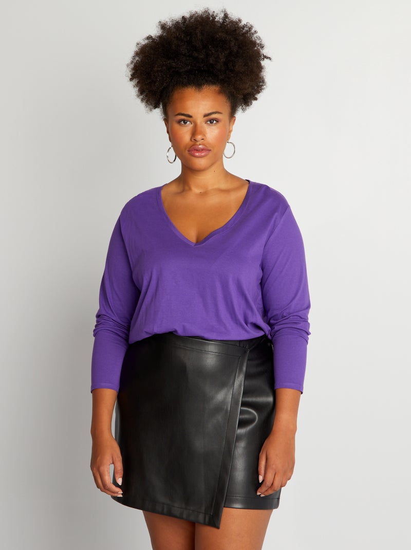 T-shirt basica con maniche lunghe e scollo a V VIOLA - Kiabi