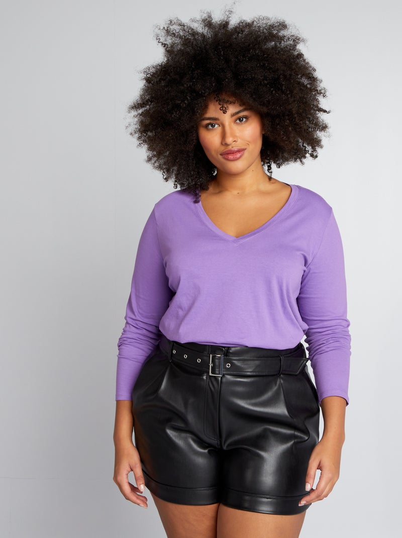 T-shirt basica con maniche lunghe e scollo a V VIOLA - Kiabi