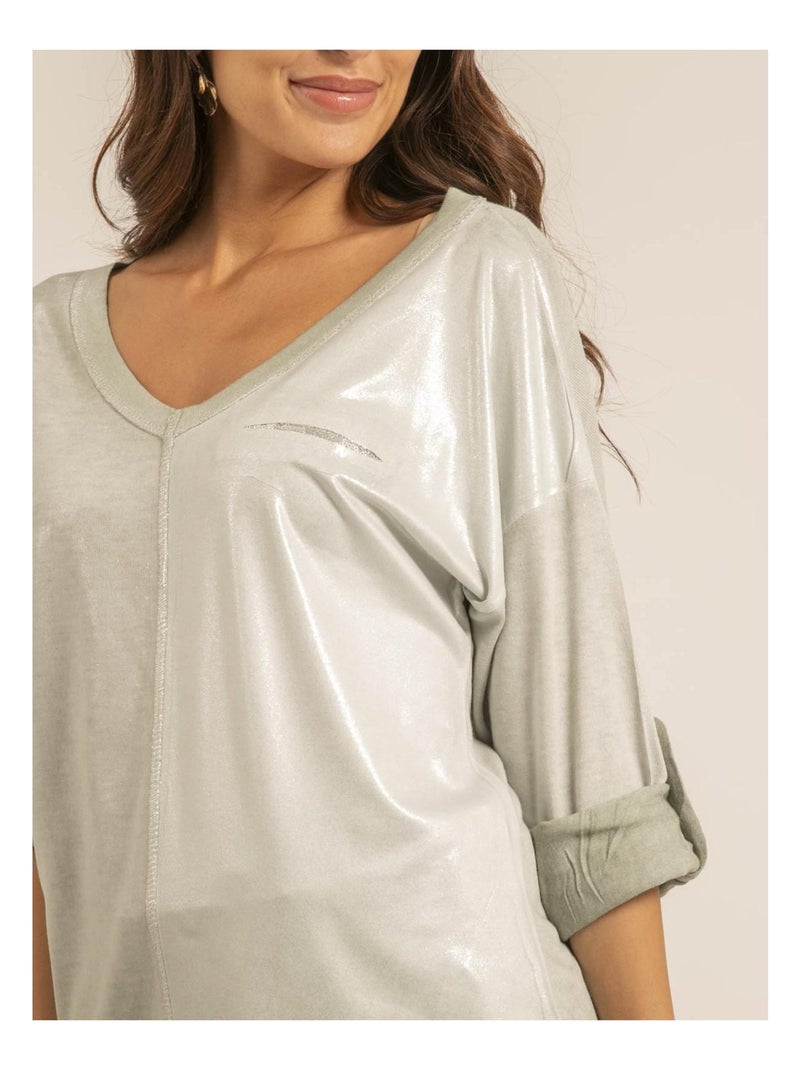 T shirt col V bimatiere FILINIE Cachi - Kiabi