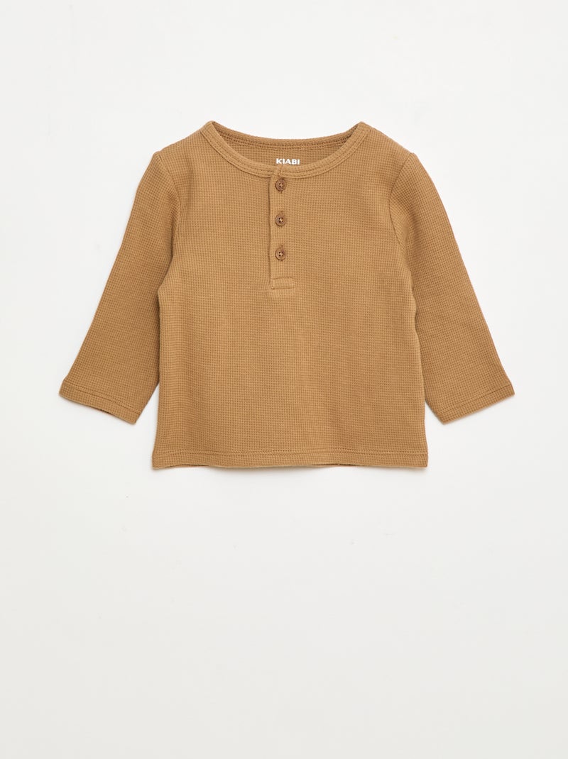 T-shirt collo serafino in tessuto goffrato Beige - Kiabi