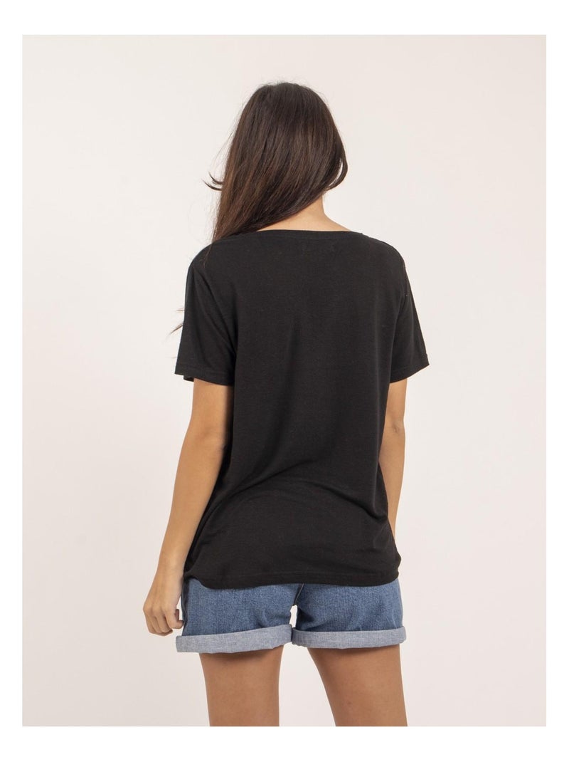 T-shirt collo V in lino FAIMES Nero - Kiabi