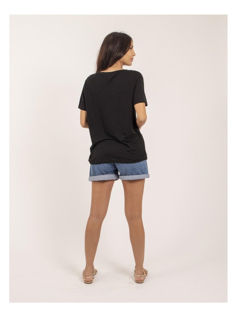 T-shirt collo V in lino FAIMES Nero - Kiabi