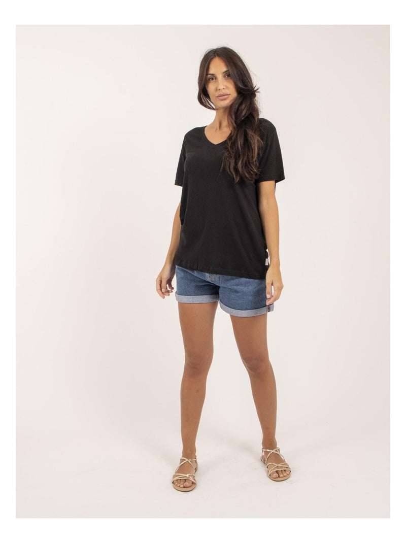 T-shirt collo V in lino FAIMES Nero - Kiabi