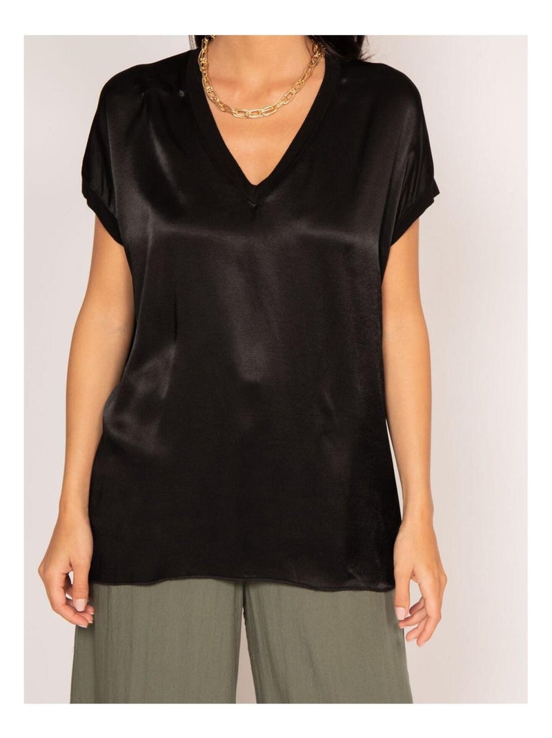 T-shirt collo V satinato FENTA Nero - Kiabi