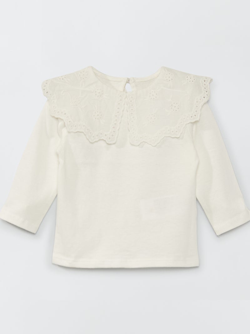 T-shirt con colletto claudine in ricamo a punto inglese Bianco - Kiabi