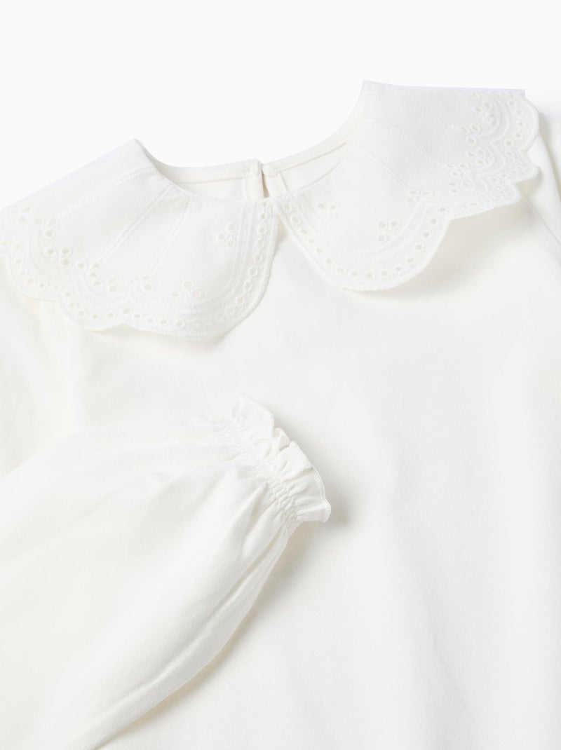 T-shirt con colletto in pizzo sangallo e volant Bianco - Kiabi