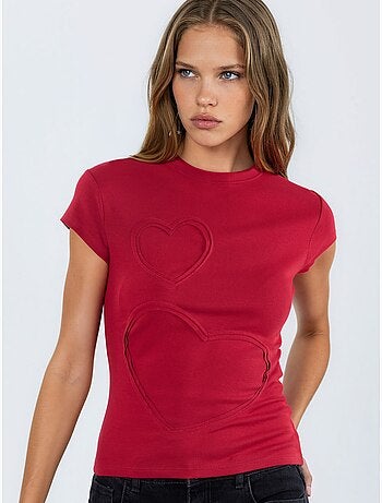 T-shirt con girocollo e stampa di cuori ricamati busem
