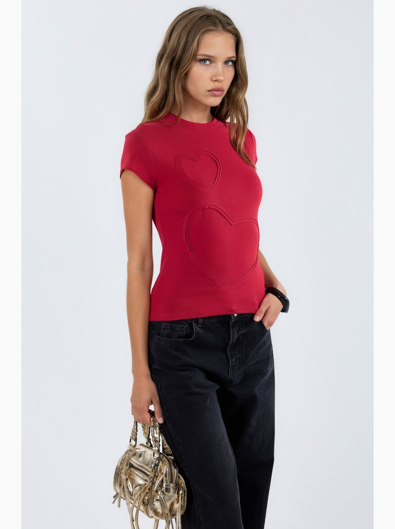 T-shirt con girocollo e stampa di cuori ricamati busem Rosso - Kiabi