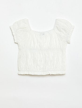 T-shirt con lavorazione smock e ricamo sangallo