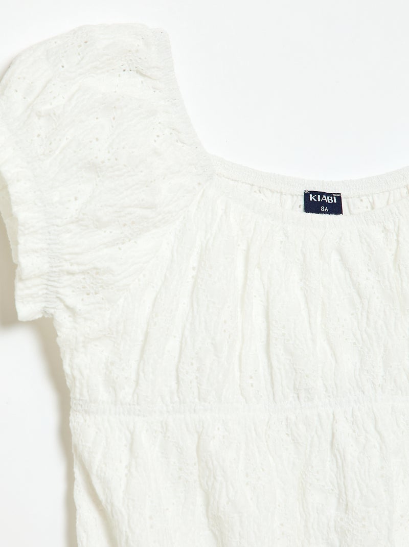 T-shirt con lavorazione smock e ricamo sangallo Bianco - Kiabi
