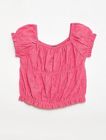T-shirt con lavorazione smock e ricamo sangallo