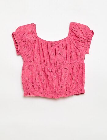 T-shirt con lavorazione smock e ricamo sangallo