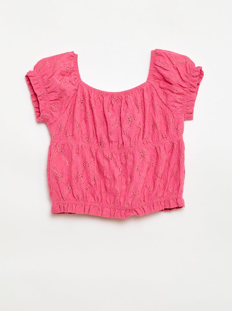 T-shirt con lavorazione smock e ricamo sangallo Rosa - Kiabi
