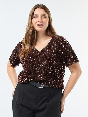 T-shirt con paillettes all-over e maniche corte