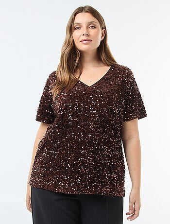 T-shirt con paillettes all-over e maniche corte