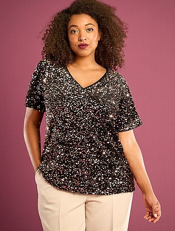 T-shirt con paillettes all-over maniche corte