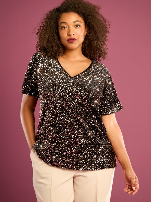 T-shirt con paillettes all-over maniche corte - Kiabi