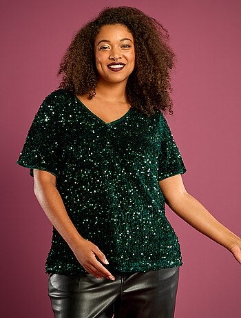 T-shirt con paillettes all-over maniche corte