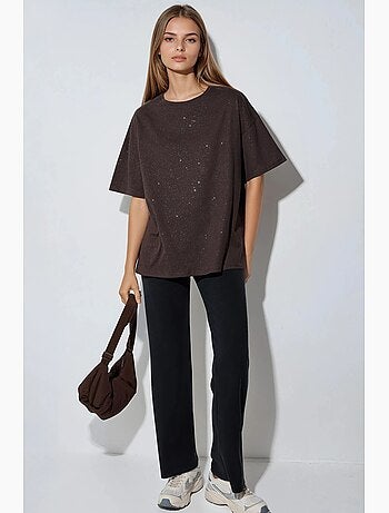 T-shirt con paillettes, girocollo e maniche corte busem