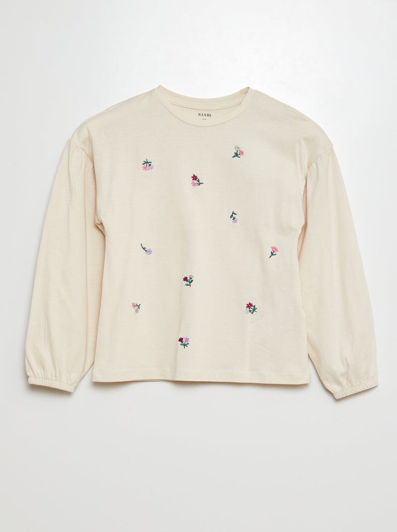 T-shirt con ricami e arricciature sul giromanica BEIGE - Kiabi