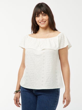 T-shirt con ricami in sangallo senza maniche con ampio volant sullo scollo