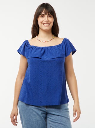 T-shirt con ricami in sangallo senza maniche con ampio volant sullo scollo
