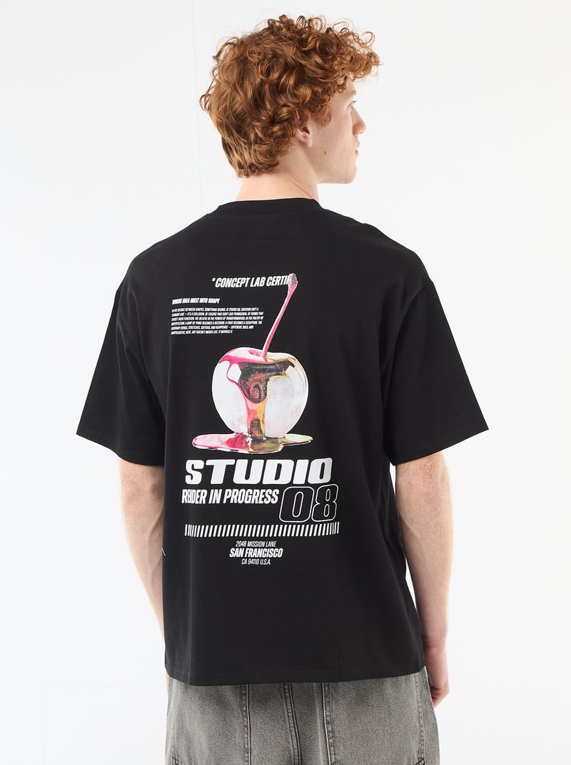 T-shirt con stampe davanti e dietro in cotone tinta unita Nero - Kiabi