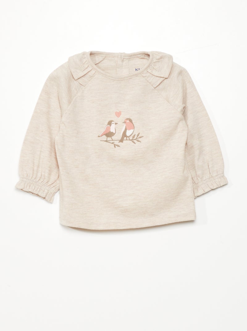 T-shirt con volant e uccello ricamato BEIGE - Kiabi
