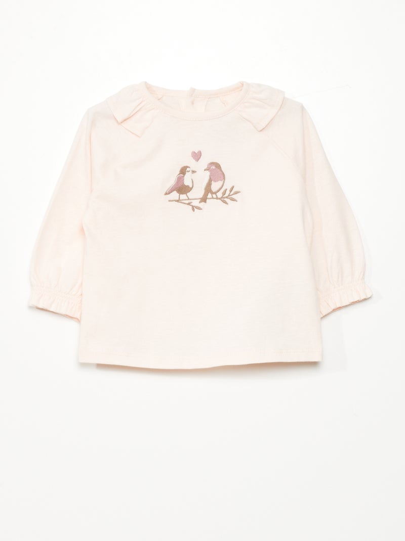 T-shirt con volant e uccello ricamato ROSA - Kiabi