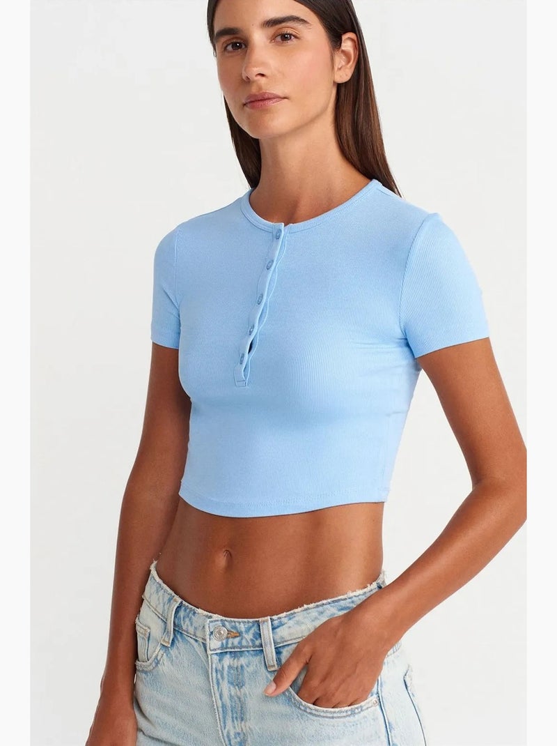 T-shirt corta aderente manica corta con bottoni dilvin Blu cielo - Kiabi