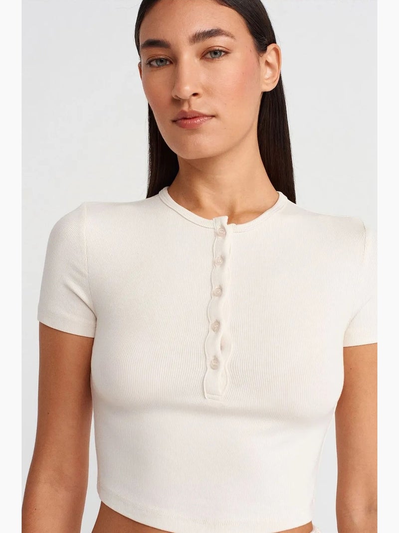 T-shirt corta aderente manica corta con bottoni dilvin Crema - Kiabi
