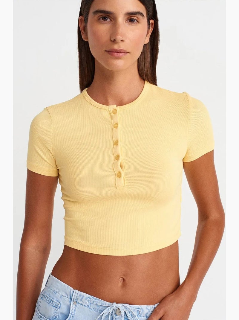 T-shirt corta aderente manica corta con bottoni dilvin Giallo limone - Kiabi