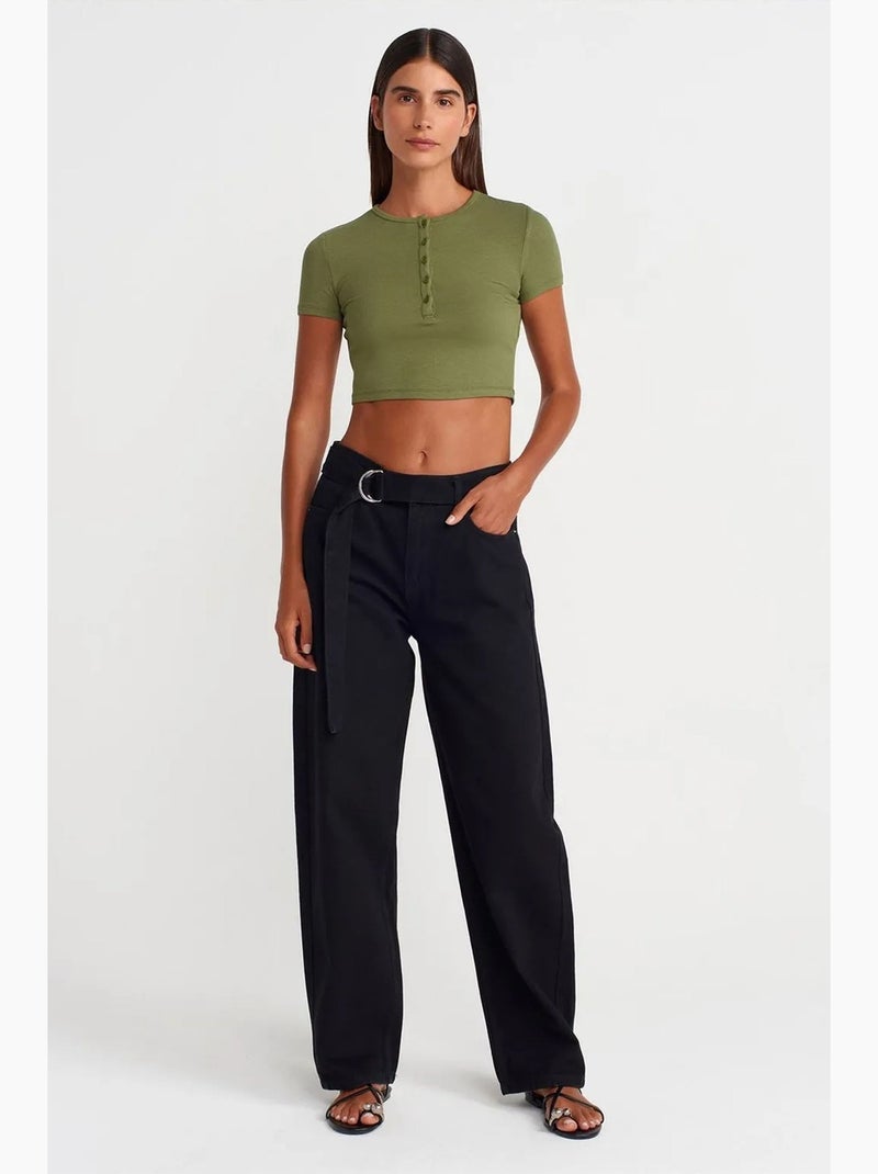 T-shirt corta aderente manica corta con bottoni dilvin Verde kaki - Kiabi