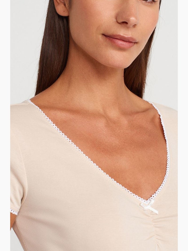 T-shirt corta cotone manica corta con volant dilvin Beige argilla - Kiabi