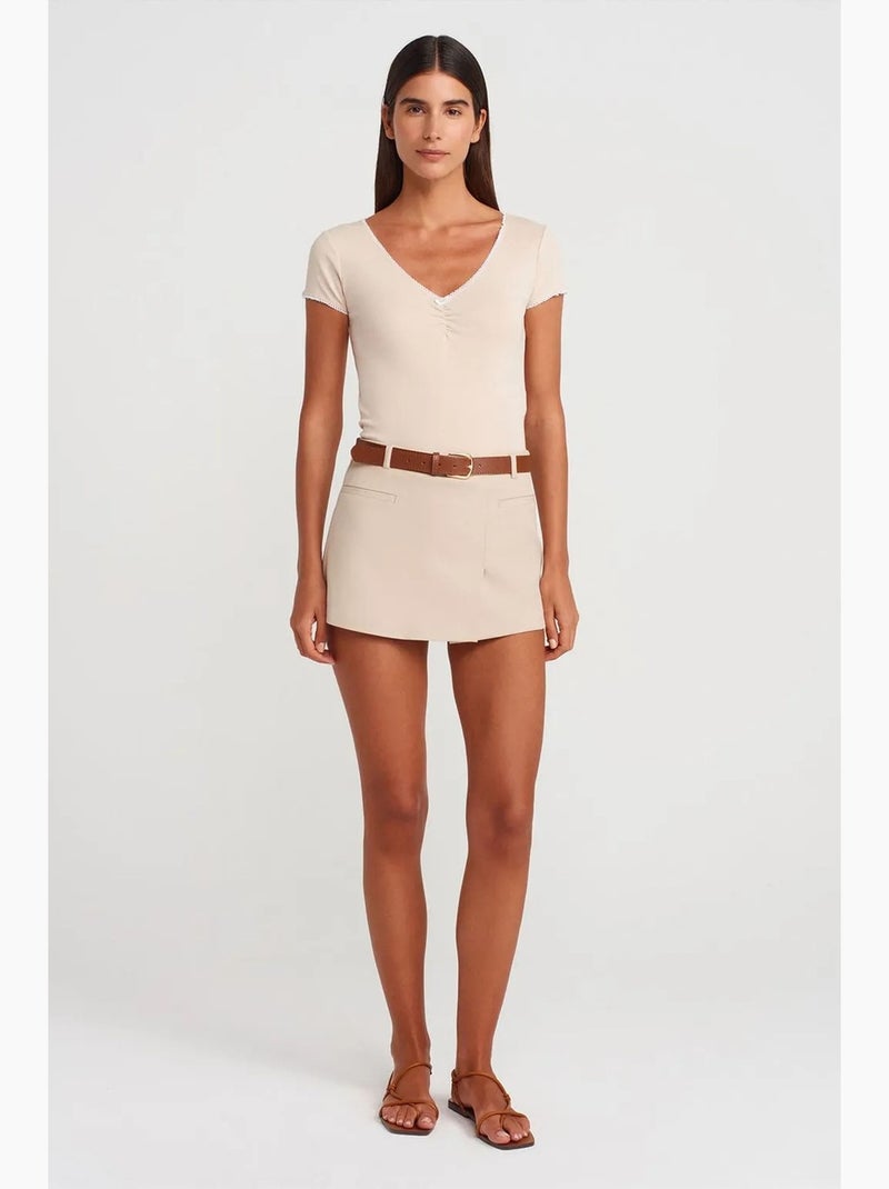 T-shirt corta cotone manica corta con volant dilvin Beige argilla - Kiabi