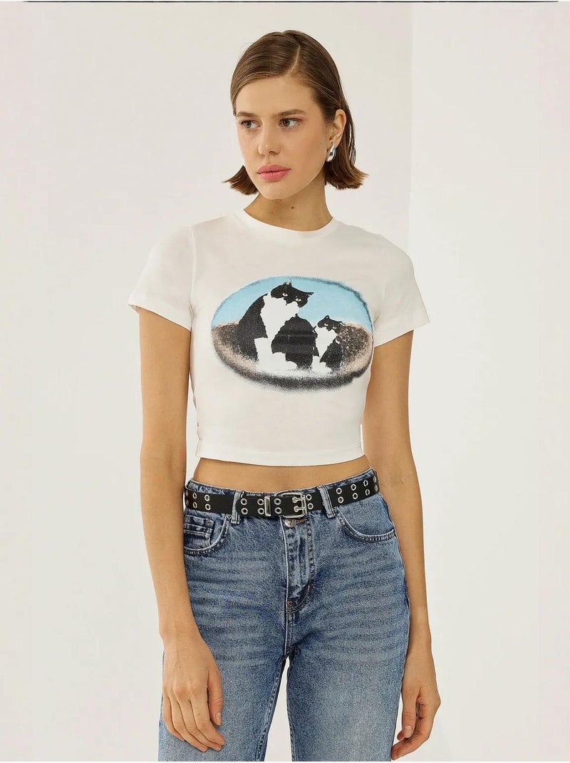 T-shirt corta in cotone stampato hiccup Bianco - Kiabi