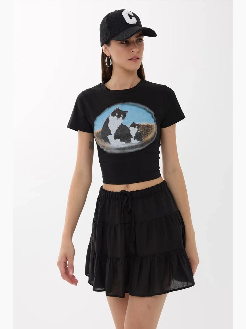 T-shirt corta in cotone stampato hiccup Nero - Kiabi