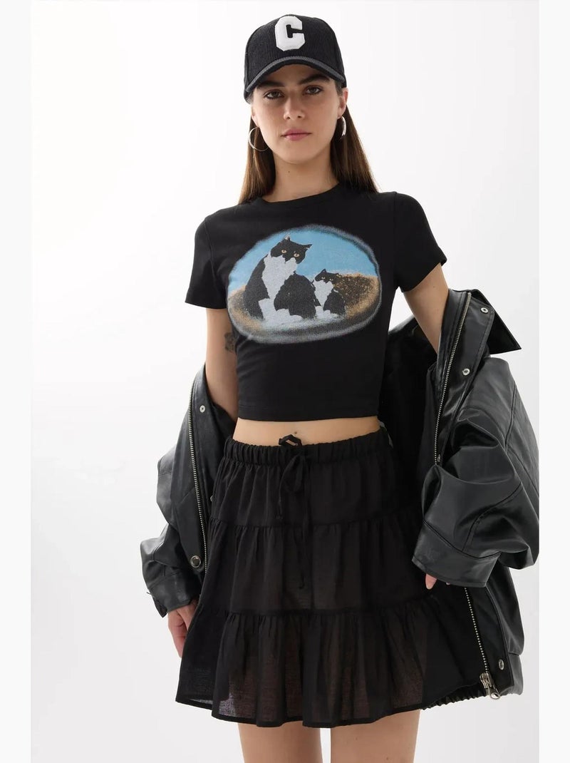 T-shirt corta in cotone stampato hiccup Nero - Kiabi