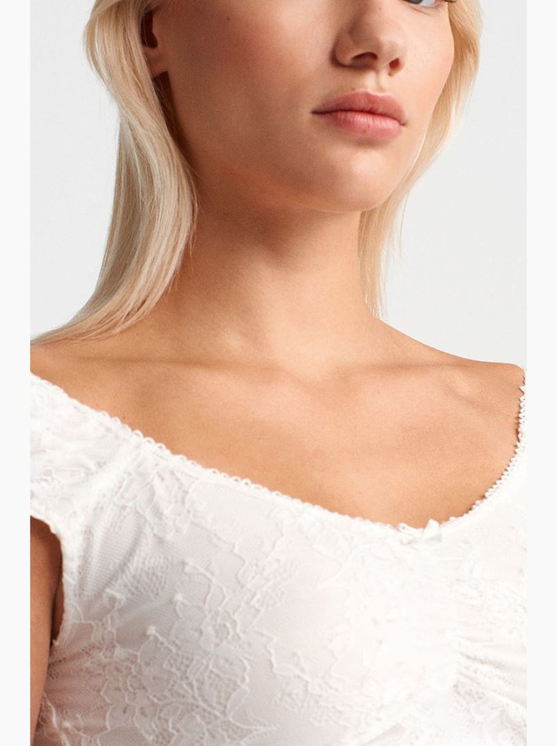 T-shirt corta in pizzo aderente manica corta dilvin Bianco - Kiabi