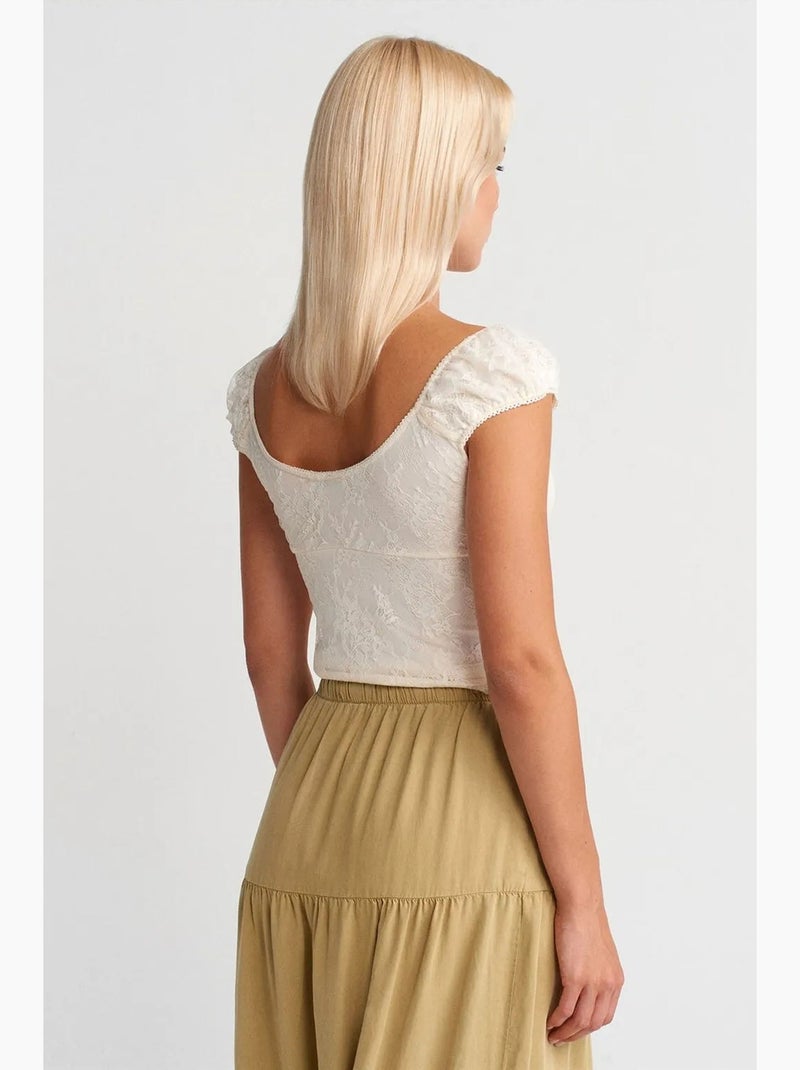 T-shirt corta in pizzo aderente manica corta dilvin Bianco sporco - Kiabi