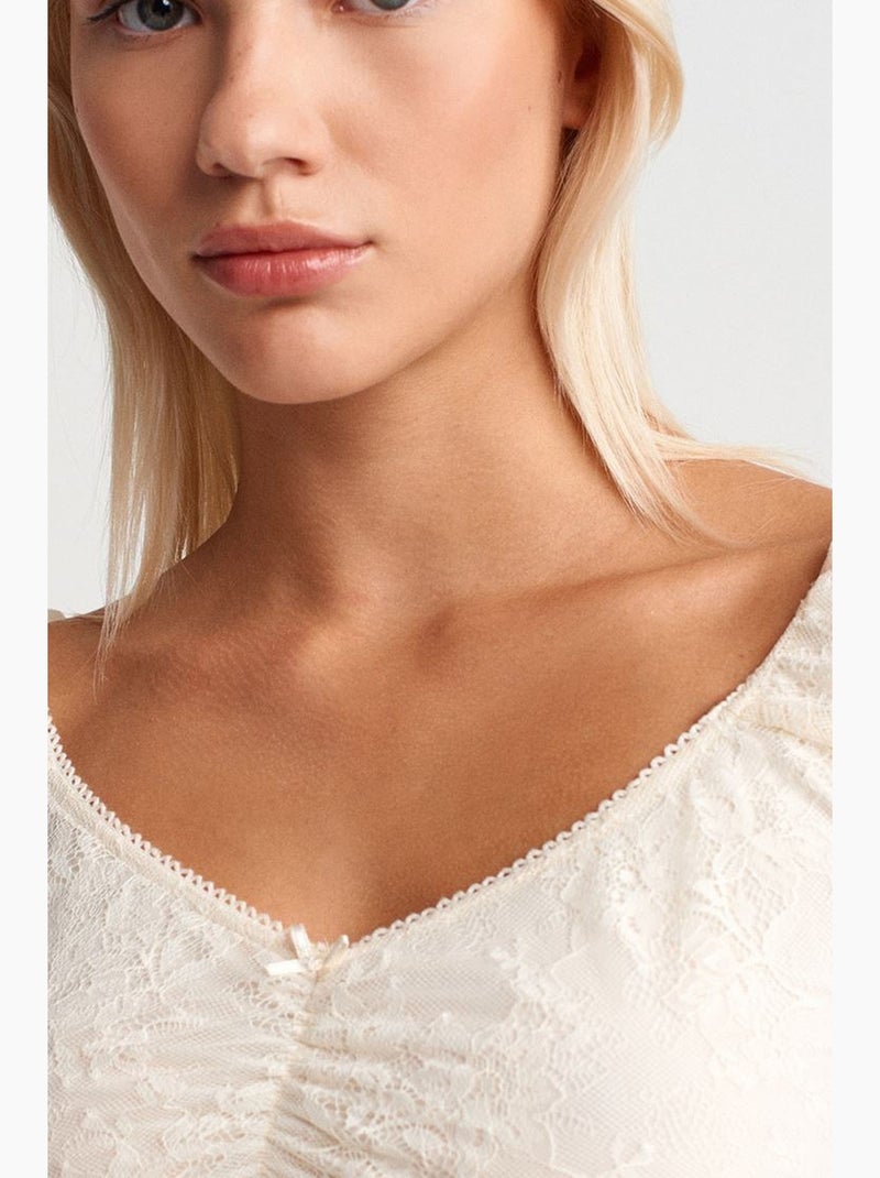 T-shirt corta in pizzo aderente manica corta dilvin Bianco sporco - Kiabi