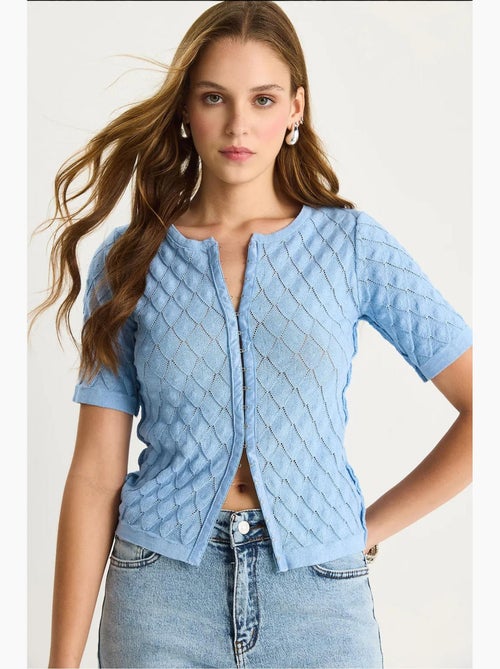 T-shirt corta scollo a v bottoni cotone misto strutturato lucci - Kiabi T-shirt corta scollo a v bottoni cotone misto strutturato lucci - Kiabi