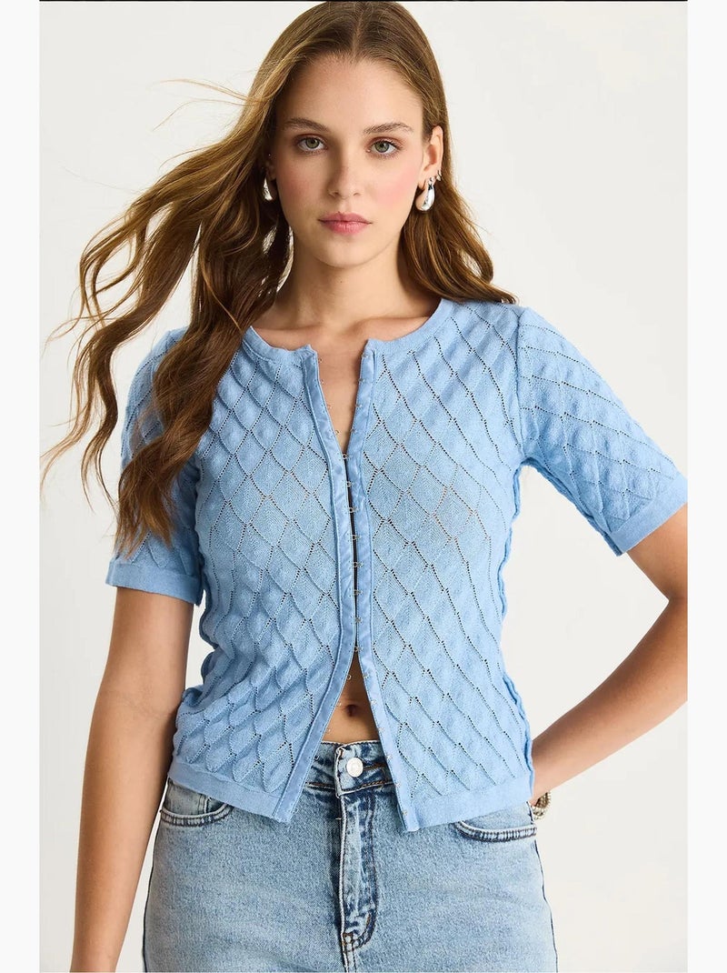 T-shirt corta scollo a v bottoni cotone misto strutturato lucci Blu cielo - Kiabi