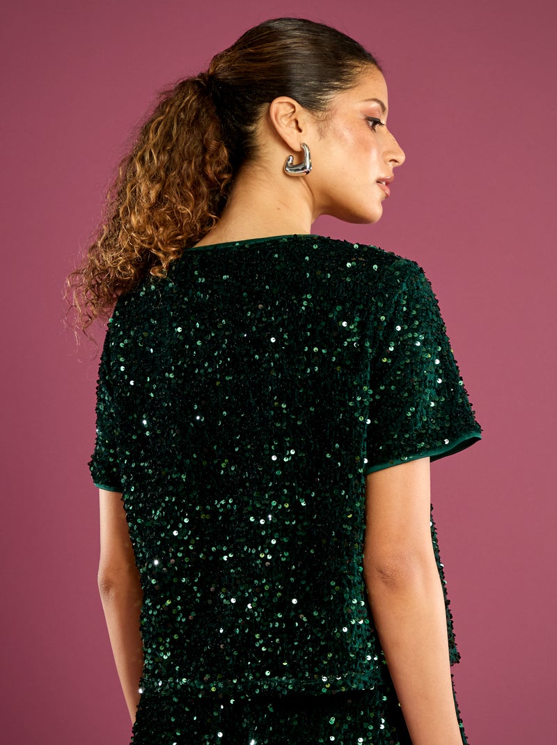 T-shirt corto con paillettes Verde - Kiabi