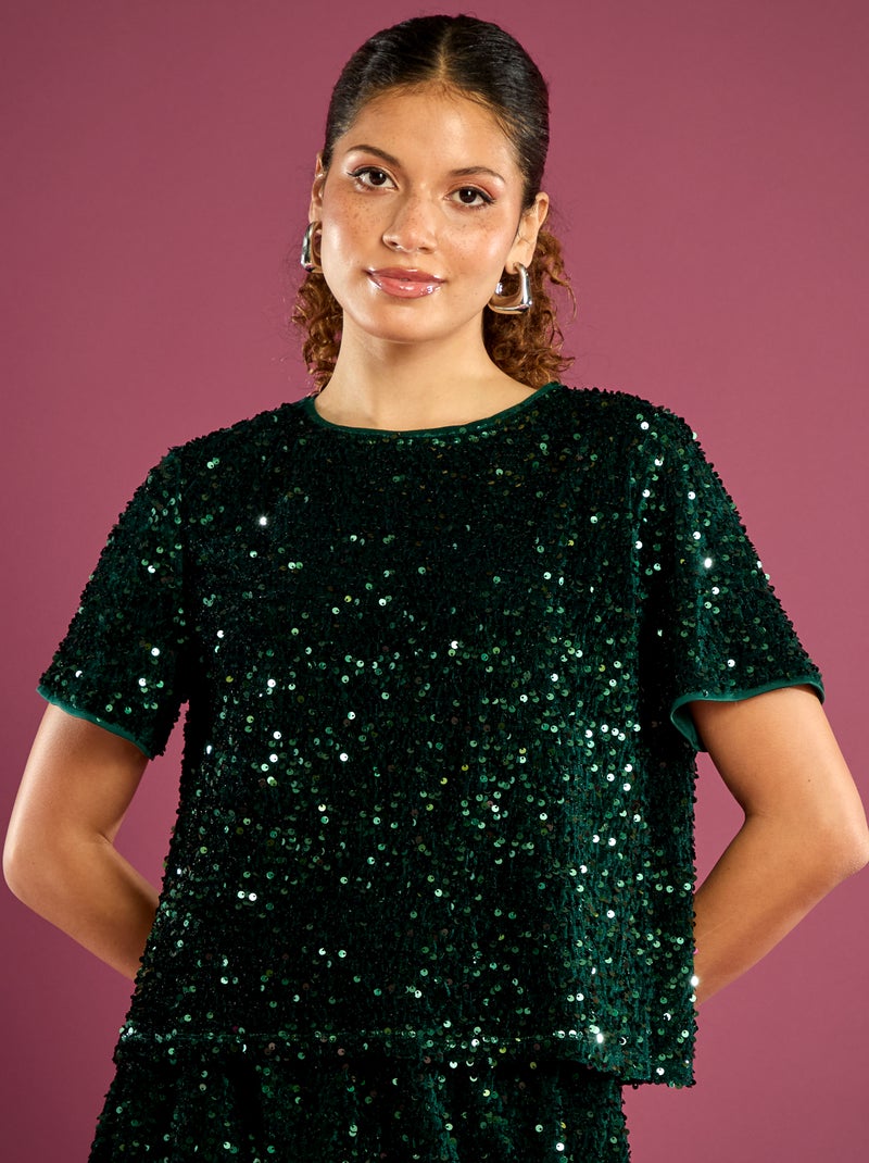 T-shirt corto con paillettes Verde - Kiabi