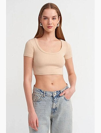 T-shirt crop a coste da donna dilvin