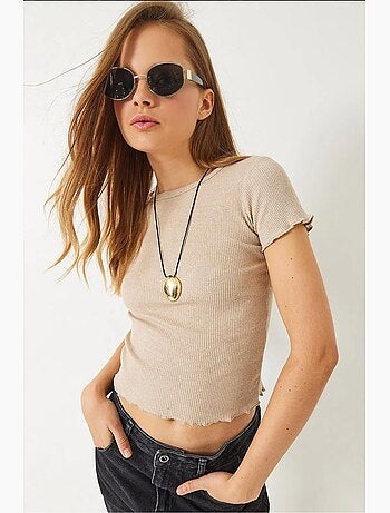 T-shirt crop a costine con girocollo e dettaglio bordo ondulato lucci