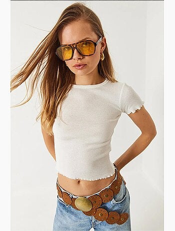 T-shirt crop a costine con girocollo e dettaglio bordo ondulato lucci