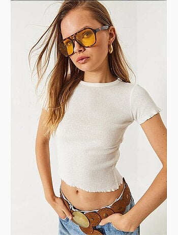T-shirt crop a costine con girocollo e dettaglio bordo ondulato lucci