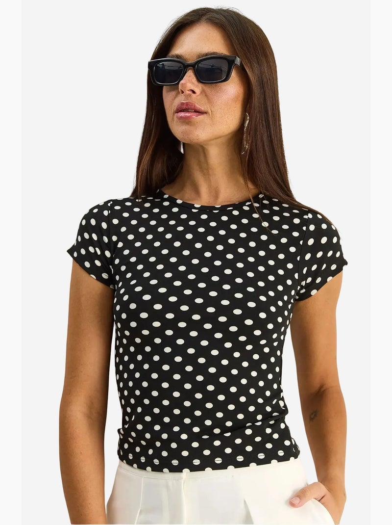 T-shirt crop a pois con girocollo lucci Nero Bianco - Kiabi